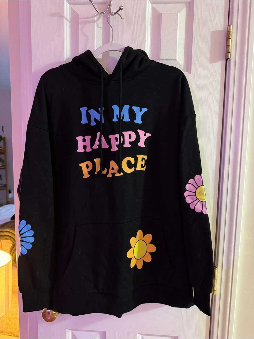 Forever 21 Black Hoodie with Blue, Pink, Orange & Yellow Floral Graphics